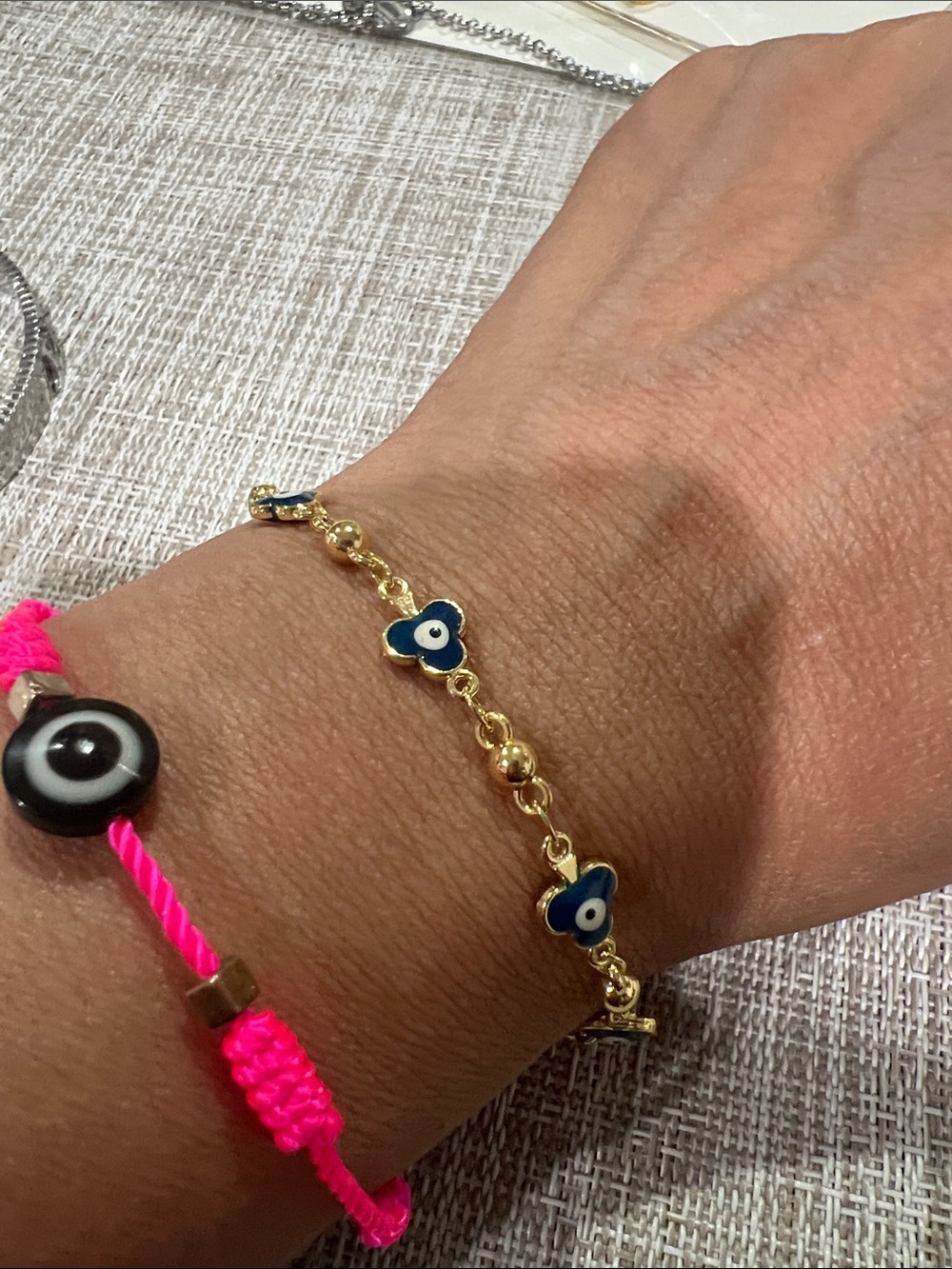 Gold Chain Bracelet with Blue Evil Eye Flower Charms